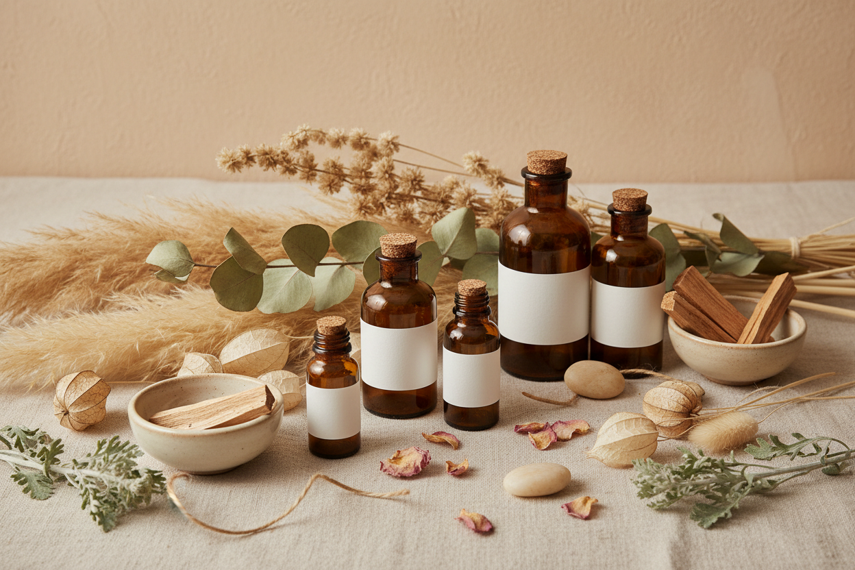 beige colour scheme image of nature and botanicals, featuring essential oils. accents of sage green and pink