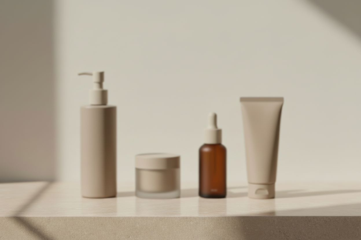 minimalistic image of four body care products. beige colour scheme