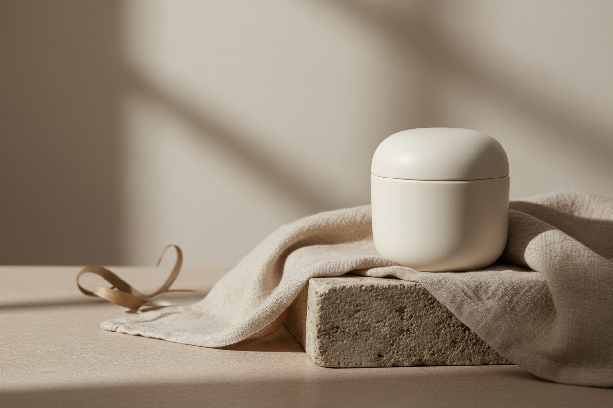 natural skincare product to the right of the image. Beige colour scheme, no writing on the products